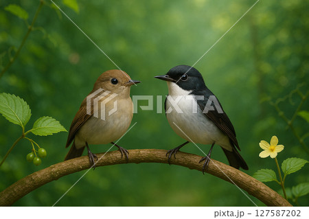 AI generated image of a male and female whitegorgeted flycatcher perched on a forest branch with vibrant greenery soft daylight and delicate details in a peaceful natural setting AI generated image of a male and female whitegorgeted flycatcher perched on a forest branch with vibrant greenery soft daylight and delicate details in a peaceful natural setting 127587202