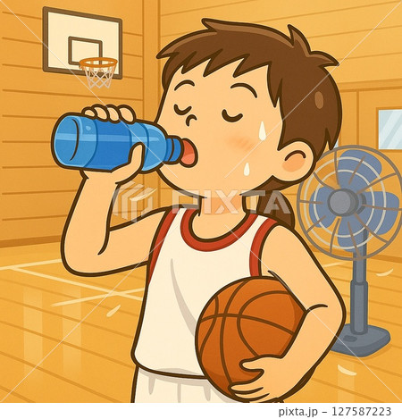 体育館で水分補給をする少年バスケットボール選手の熱中症対策イラスト 127587223