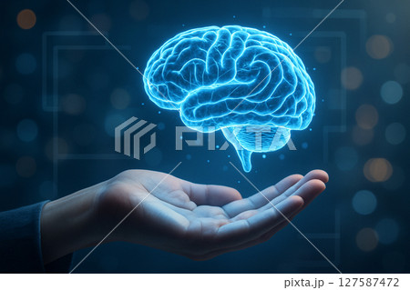 AI generated image of a human hand supporting a glowing blue brain with data circuits floating in a sci fi digital background with bokeh and interface lines AI generated image of a human hand supporting a glowing blue brain with data circuits floating in a sci fi digital background with bokeh and interface lines 127587472