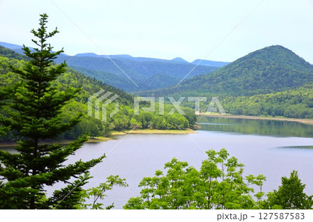 新緑の初夏の北海道、道東の旅、陸別町から置戸町へ、常呂川が流れるオケト湖、鹿の子ダム置戸町の奥にある 新緑の初夏の北海道、道東の旅、陸別町から置戸町へ、常呂川が流れるオケト湖、鹿の子ダム置戸町の奥にある 127587583