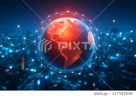 AI generated image of a glowing Earth with red light connections spreading across a futuristic city skyline representing modern communication technology and global data networks 127587646