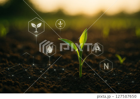 AI generated image showing a vibrant seedling in moist fertile soil with digital interface overlay featuring data icons for growth moisture nutrients and plant monitoring in precision farming. AI generated image showing a vibrant seedling in moist fertile soil with digital interface overlay featuring data icons for growth moisture nutrients and plant monitoring in precision farming. 127587650