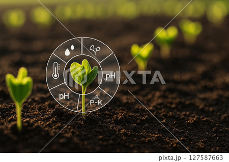 AI generated realistic scene of a green seedling growing in moist soil with a transparent circular HUD displaying temperature, humidity, pH, and nutrient levels. Represents innovation AI generated realistic scene of a green seedling growing in moist soil with a transparent circular HUD displaying temperature, humidity, pH, and nutrient levels. Represents innovation 127587663
