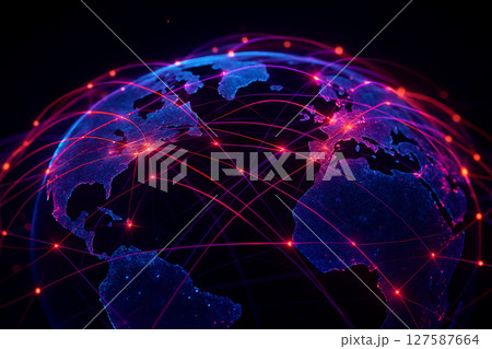AI generated image of a glowing digital Earth with vibrant neon data lines and light nodes across continents symbolizing high speed communication infrastructure global connectivity 127587664