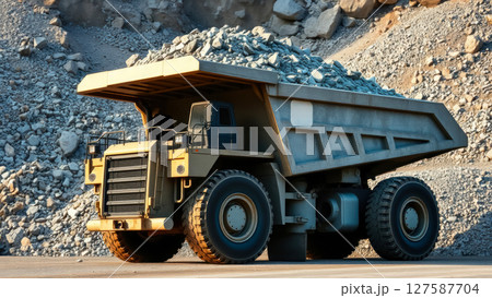 big yellow quarry dump truck for mining industry with full body of rock ore on quarry background 127587704