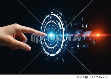 AI generated image of a human finger activating a glowing circular HUD interface with digital icons and futuristic elements representing advanced control and virtual technology 127587778