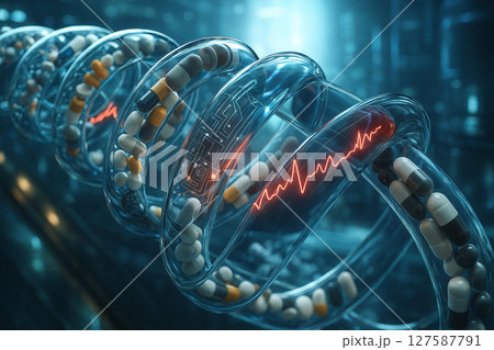AI generated image of a transparent DNA helix filled with colorful pills and glowing red EKG waveform in a futuristic digital lab representing personalized medicine and biotech integration 127587791