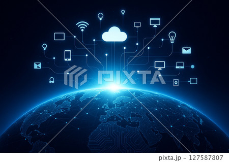 AI generated conceptual image of Earth with glowing circuit patterns and digital icons representing cloud computing wireless communication and IoT devices symbolizing seamless global connectivity 127587807