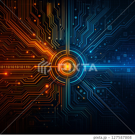 AI generated digital circuit art showcasing a glowing energy core at the center of a complex, vibrant network. Geometric patterns and bright circuitry lines convey intelligence, control 127587808