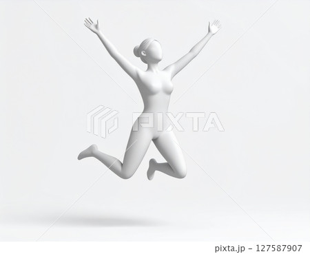 ジャンプして喜ぶ女性型3Dキャラクター素材 127587907