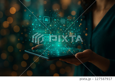AI generated woman holding glowing tablet with futuristic holographic digital interface floating above representing data communication technology and real time information control 127587917