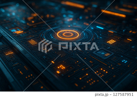 AI generated image of a glowing central control ring on a sci fi digital command panel filled with blue and orange neon circuits and HUD signals in a futuristic tech environment. 127587951