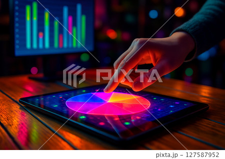 AI generated image of a human hand interacting with a glowing pie chart on a futuristic digital tablet placed on a wooden table under neon ambient light 127587952