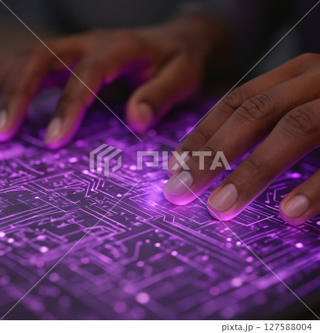 AI generated image of multiple human hands interacting with a glowing purple holographic touchscreen showing circuit patterns symbolizing collaboration and futuristic data processing. 127588004