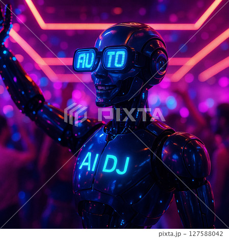 AI generated image of a humanoid robot DJ with glowing glasses and neon lights dancing in a vibrant futuristic nightclub filled with digital energy and cyberpunk atmosphere 127588042