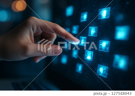 AI generated image of a human hand selecting a glowing data tile on a futuristic digital touchscreen interface with blue neon light in a modern control environment 127588043