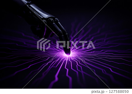 AI generated futuristic image of a black robotic hand activating a central point on a glowing violet digital circuit board symbolizing AI data control precision and high tech connectivity 127588050
