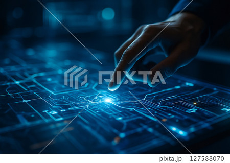 AI generated image of a human hand interacting with a glowing digital interface featuring advanced circuit-like HUD design with real-time data flow in blue neon tones 127588070