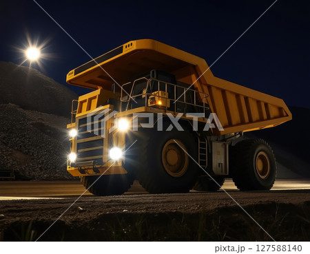 dump truck with bright headlights working in quarry at night, mining industry concept 127588140