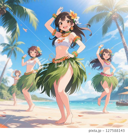 アニメ風のフラガールたちが南国のビーチで笑顔のダンス 127588143