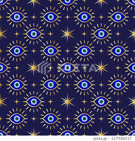Evil eye seamless pattern. Turkish vector background with blue beads and magic nazar. Mystic Greek amulet is the symbol of protection and luck. Arabic and Mediterranean ethnic wallpaper Evil eye seamless pattern. Turkish vector background with blue beads and magic nazar. Mystic Greek amulet is the symbol of protection and luck. Arabic and Mediterranean ethnic wallpaper 127588517