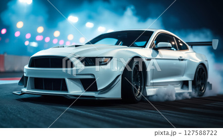 white sports car drifting on race track at night with blurred background white sports car drifting on race track at night with blurred background 127588722