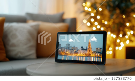 Christmas cityscape on tablet, cozy home 127588770