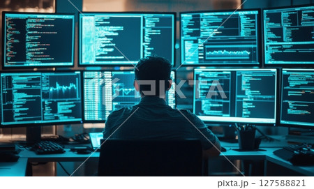 Cybersecurity expert working late multiple monitors displaying code 127588821