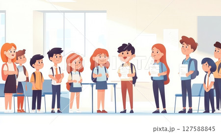 Diverse group of students waiting in line for exams or announcements at school 127588845