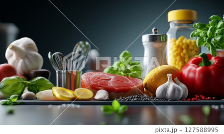 Fresh Ingredients for Delicious Meals  A Culinary Still Life with Meat, Garlic, Lemons, Peppers, and Basil 127588995
