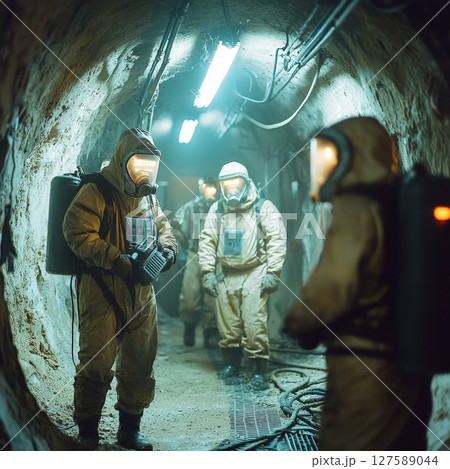 Hazardous Environment Workers in Protective Suits Inspecting a Tunnel Hazardous Environment Workers in Protective Suits Inspecting a Tunnel 127589044