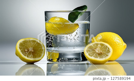 Refreshing Lemon Water with Slices and Whole Lemons on a Grey Background 127589194