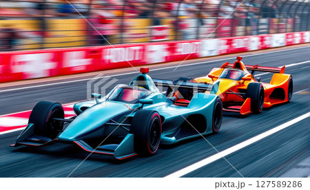 two NTT IndyCar Series racing cars on a racing oval track, motorsport concept 127589286