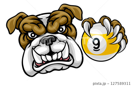 Bulldog and 9 Ball Nine Ball Pool Cartoon Mascot 127589311