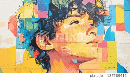Vibrant Street Art Mural of a Young Person's Face on a Brick Wall 127589413