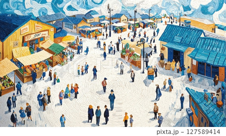 Vibrant village market a whimsical impressionist painting 127589414