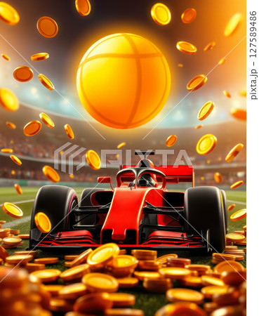 Formula 1 car on race track with flying coins...のイラスト素材 [127589486] - PIXTA