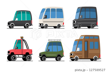 Personal Cars set cartoon illustration included van, minivan, SUV car, off-road vehicle and motorhome . Flat design . Isolate on white background . Vector . Personal Cars set cartoon illustration included van, minivan, SUV car, off-road vehicle and motorhome . Flat design . Isolate on white background . Vector . 127589527