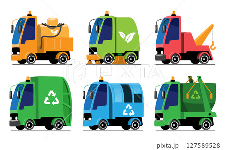 Waste Management Vehicles or Garbage Truck set cartoon illustration . Flat design . Isolate on white background . Vector . Waste Management Vehicles or Garbage Truck set cartoon illustration . Flat design . Isolate on white background . Vector . 127589528