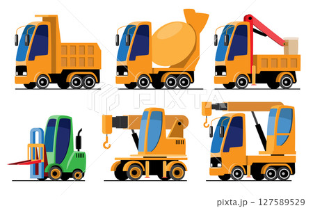 Industrial or Construction Vehicles set cartoon illustration included Dump, Cement Mixer, Forklift and Crane truck . Flat design . Isolate on white background . Vector . 127589529