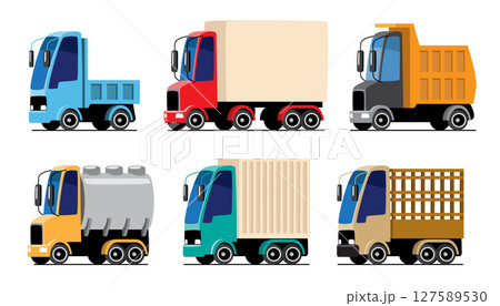 Logistics Trucks or Commercial transportation vehicles cartoon illustration included Flatbed, Box, Dump, Tanker, Container and Stake Truck . Flat design . Isolate on white background . Vector . 127589530