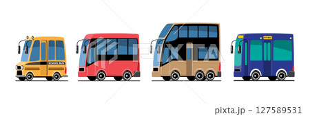 Public transportation or commercial vehicles set cartoon illustration included school bus, city bus and double decker bus . Flat design . Isolate on white background . Vector . 127589531