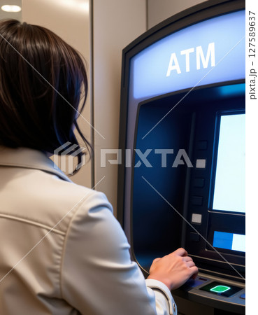 young woman pressing buttons at ATM, ATM display mockup 127589637