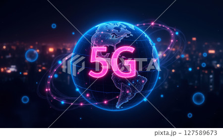 5G network hologram against the background of the globe with blue neon glow, high-speed internet concept 127589673