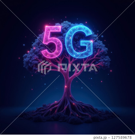 digital artwork depicting a bright glowing tree with neon letters 5G, mobile internet concept 127589678