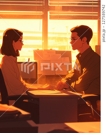 ビジネスオフィスでの人間関係と対話の瞬間 127589742