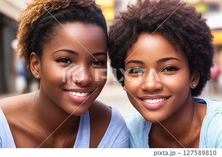 Portrait of a beautiful afro girls, city street as a background. Generative AI. 127589810