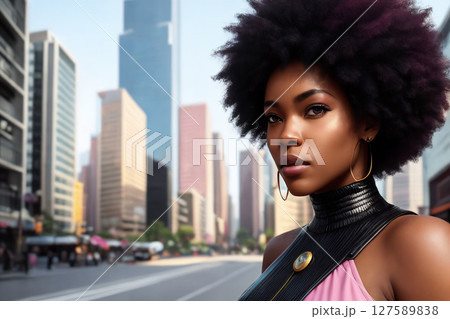 A beautiful african american woman portrait, city street as background. Generative AI. A beautiful african american woman portrait, city street as background. Generative AI. 127589838