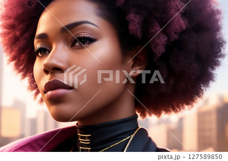 A beautiful african american woman portrait, city street as background. Generative AI. 127589850