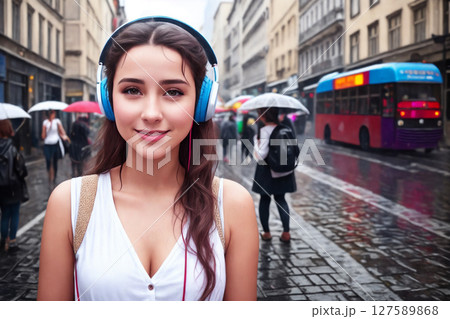 Portrait of a beautiful girl in headphones, rainy city street as a background. Generative AI. 127589868